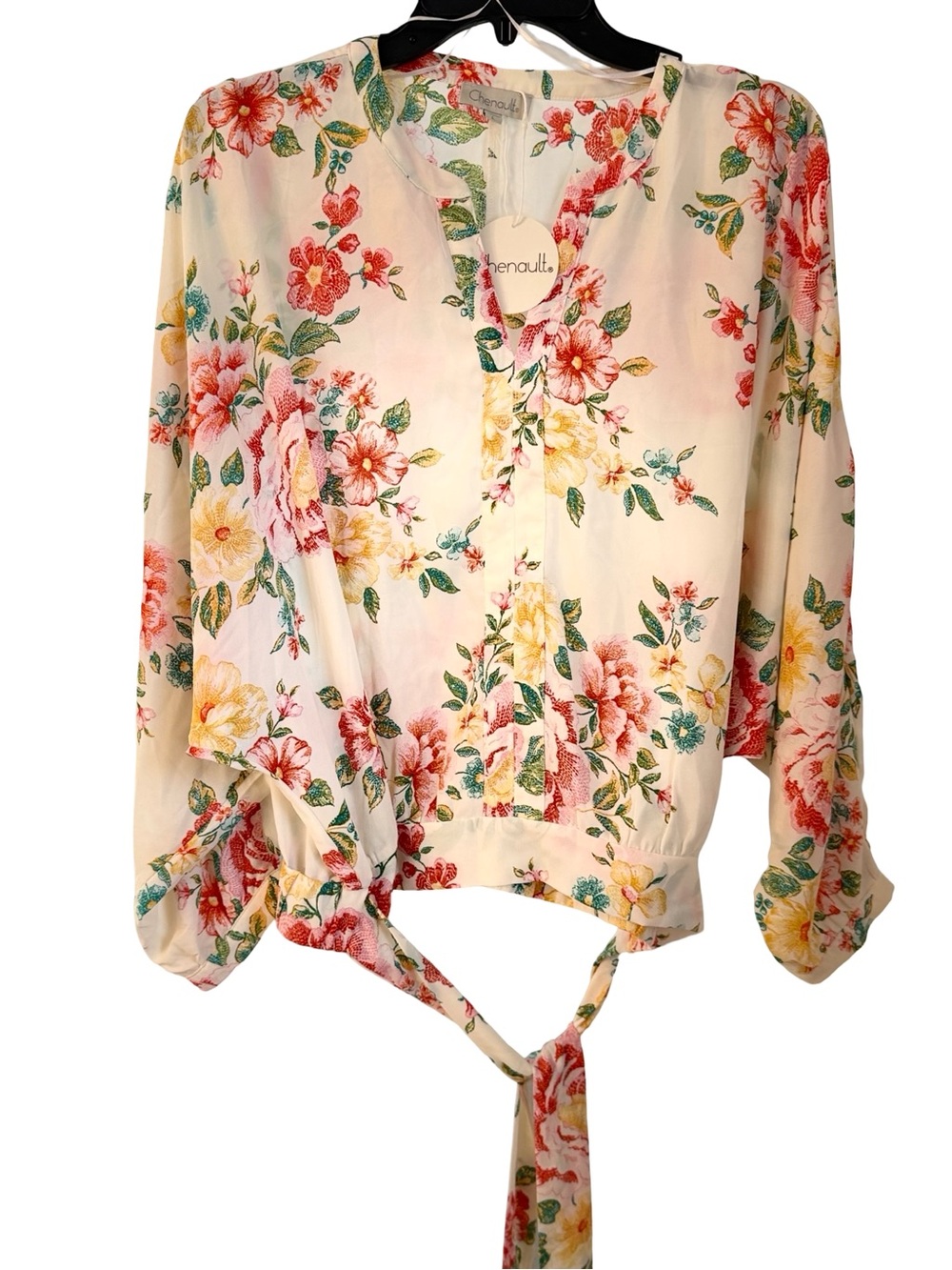 Chenault Cream Floral Tie-Back Blouse with Pink & Yellow Roses